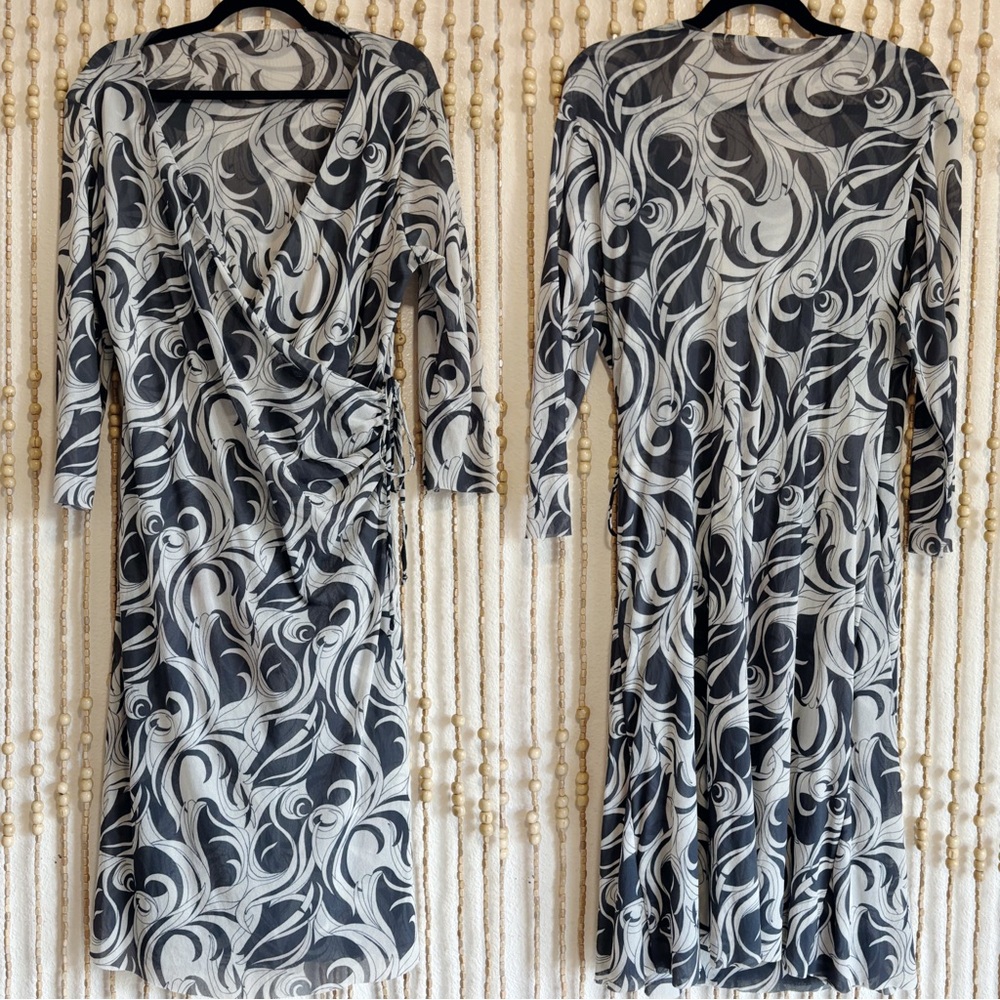 Sweet Pea Dark Green Ivory Ornate Floral Faux Wrap Front Mesh Nylon Midi Dress M